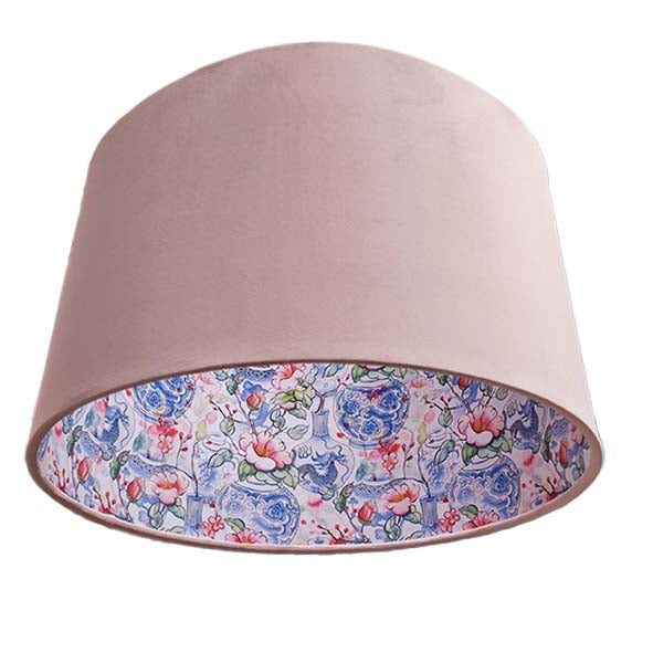 Pink velvet lampshade with oriental vases lining inside