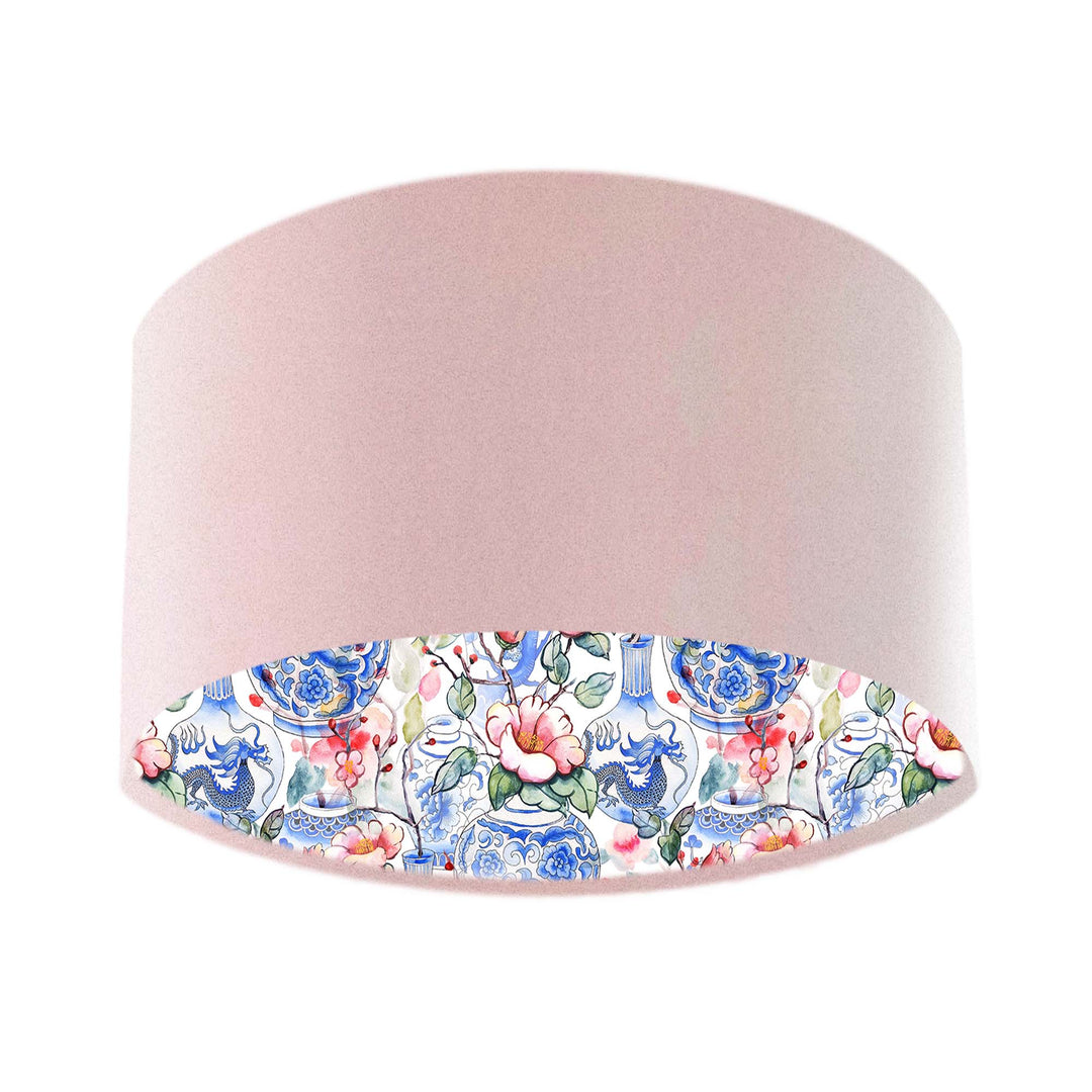Pink velvet lampshade with oriental vases lining inside
