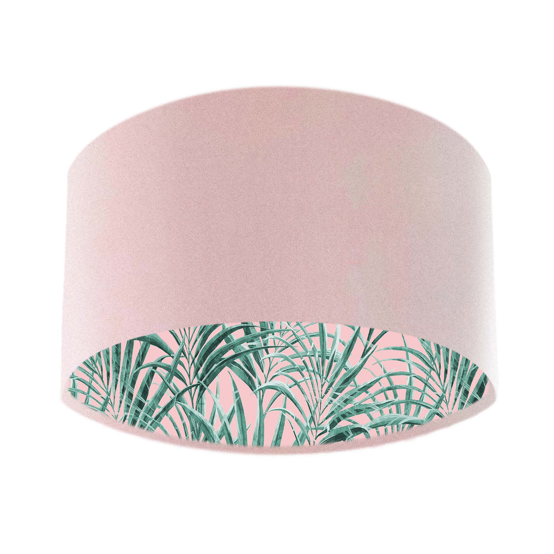 pink lampshade with palm print tropical lining handmade