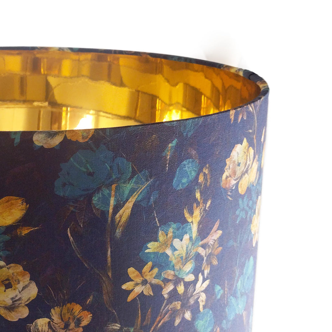 close up of the Navy Blue Gold Flower Lampshade with Mirror Gold Lining