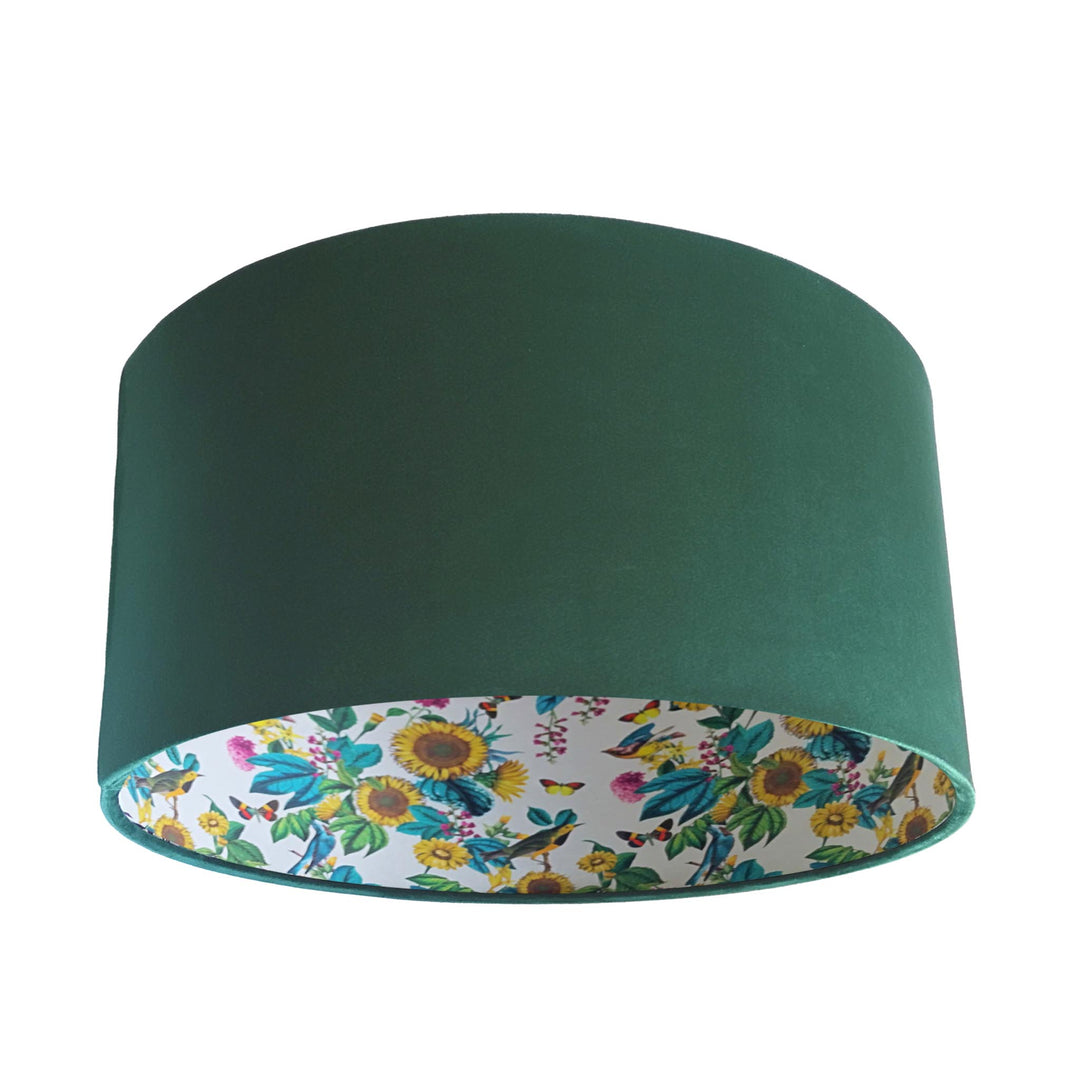 Bottle Green Velvet Lampshade with Birds and Sunflowers in Cream