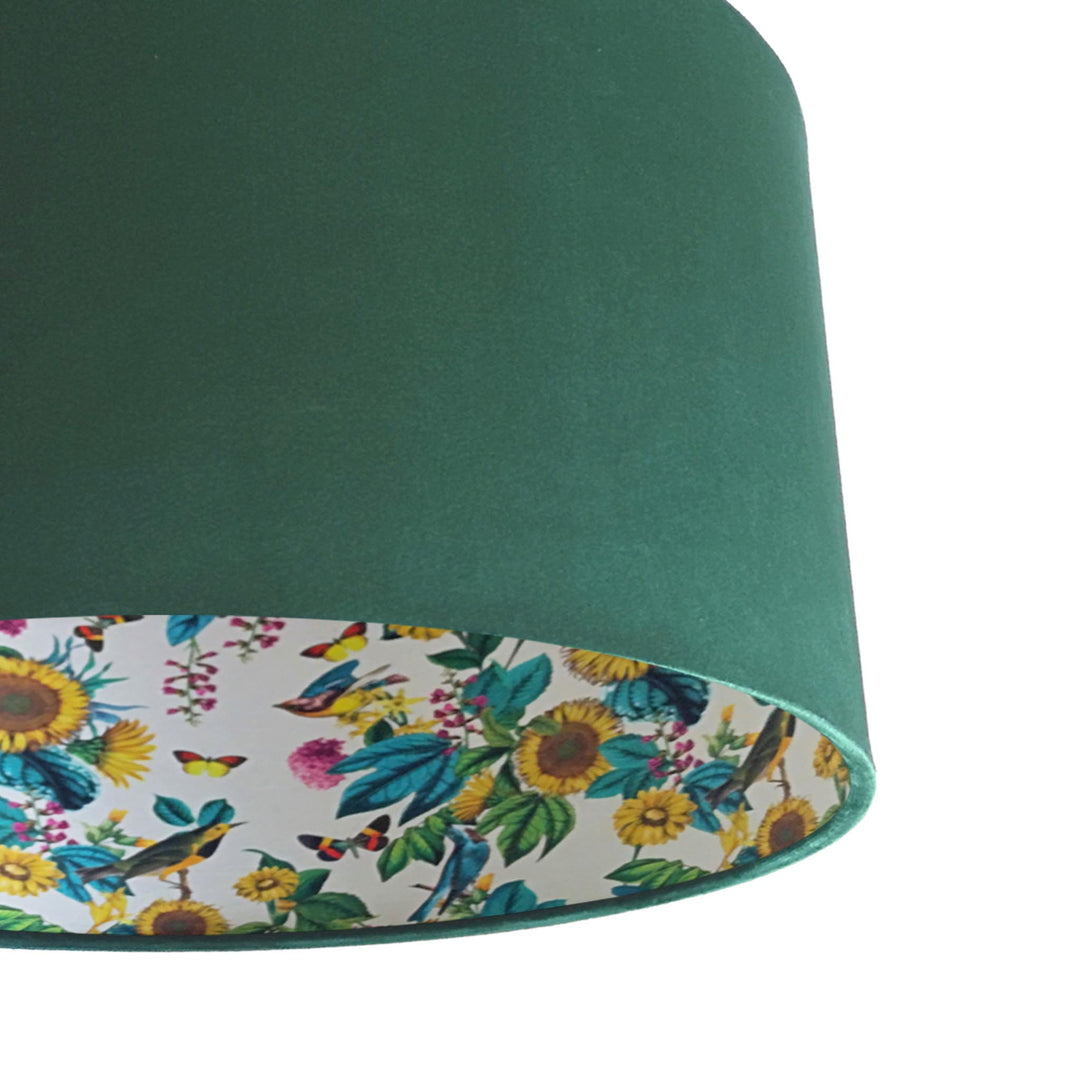Bottle Green Velvet Lampshade with Birds and Sunflowers in Cream