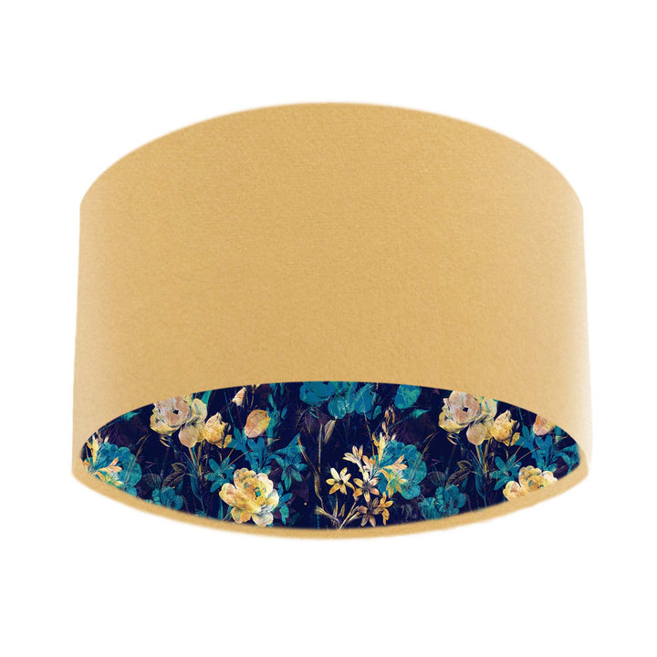 beige velvet lampshade with navy blue gold floral pattern