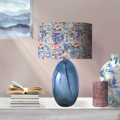 Oriental Vases Lamp Shade with Gold Lining on blue glass lamp base in room settings