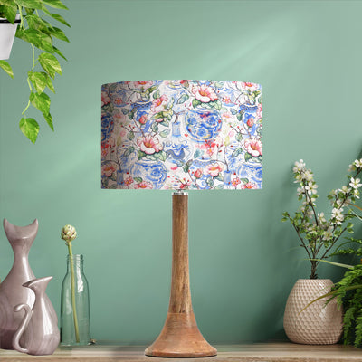 Oriental Vases Lamp Shade with Gold Lining on wood lamp base in living room setting