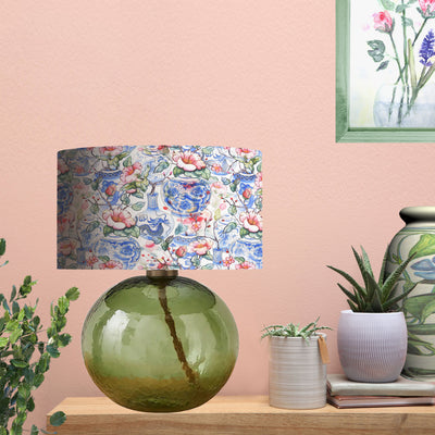 Oriental Vases Lamp Shade with Gold Lining on green glass lamp base in room setting