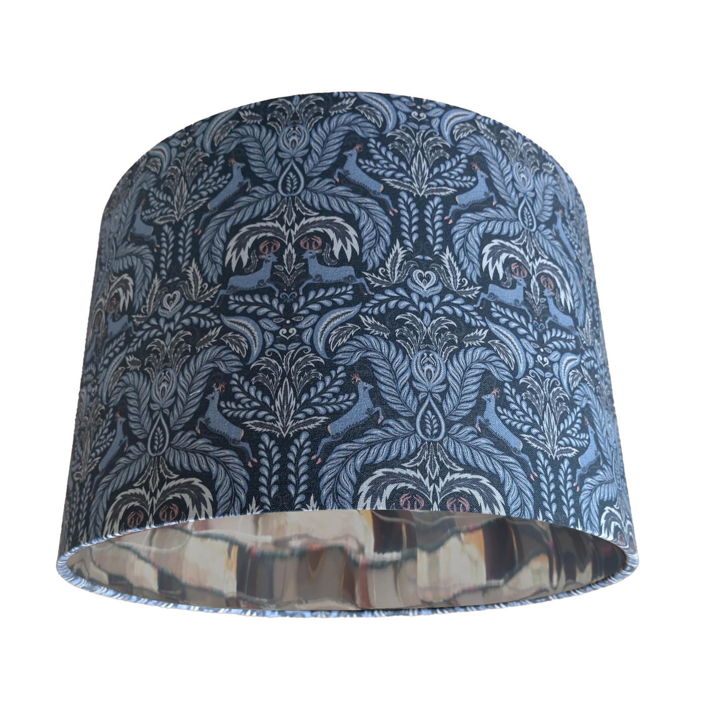 Deer Woodland Cotton Lampshade in Navy Blue with Mirror Silver