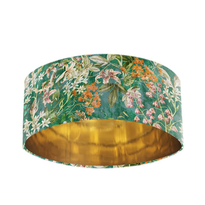 Velvet Lamp Shade with Emerald Green Meadow and Gold Lining