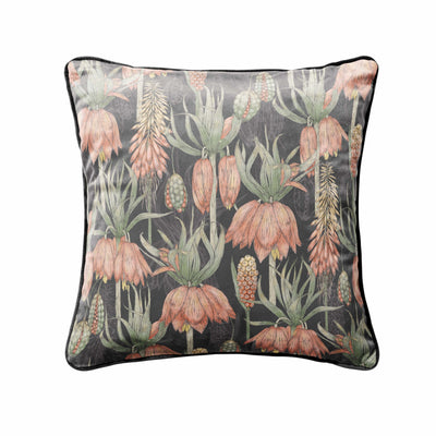 Exotic Flora Velvet Cushion in Black with Black Piping