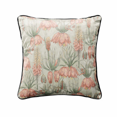 Exotic Flora Velvet Cushion in Sage Green with Black Piping