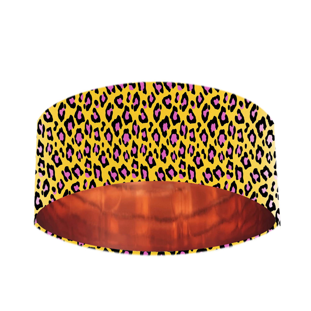 leopard lamp shade with copper lining in pink and yellow