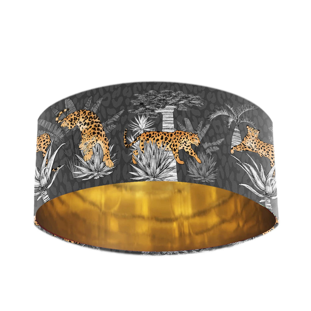 leopard print lamp shade with gold lining in grey velvet