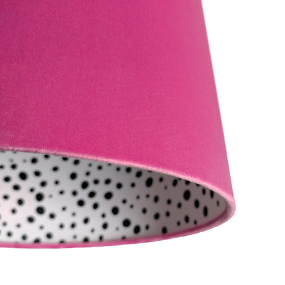 close up of the Black Polka Dot Lampshade in Hot Pink Velvet