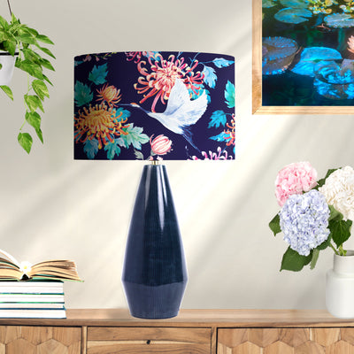 Japanese Cranes Cotton Lampshade in Blue with Mirror Silver Lining
