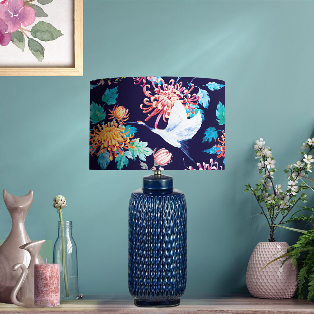 Japanese crane lampshade in blue cotton with gold lining