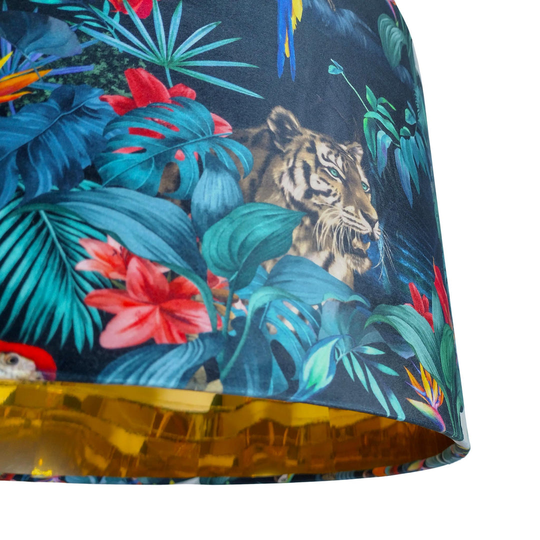 side close up of the Junglesque Velvet Lampshade with Mirror Gold Lining
