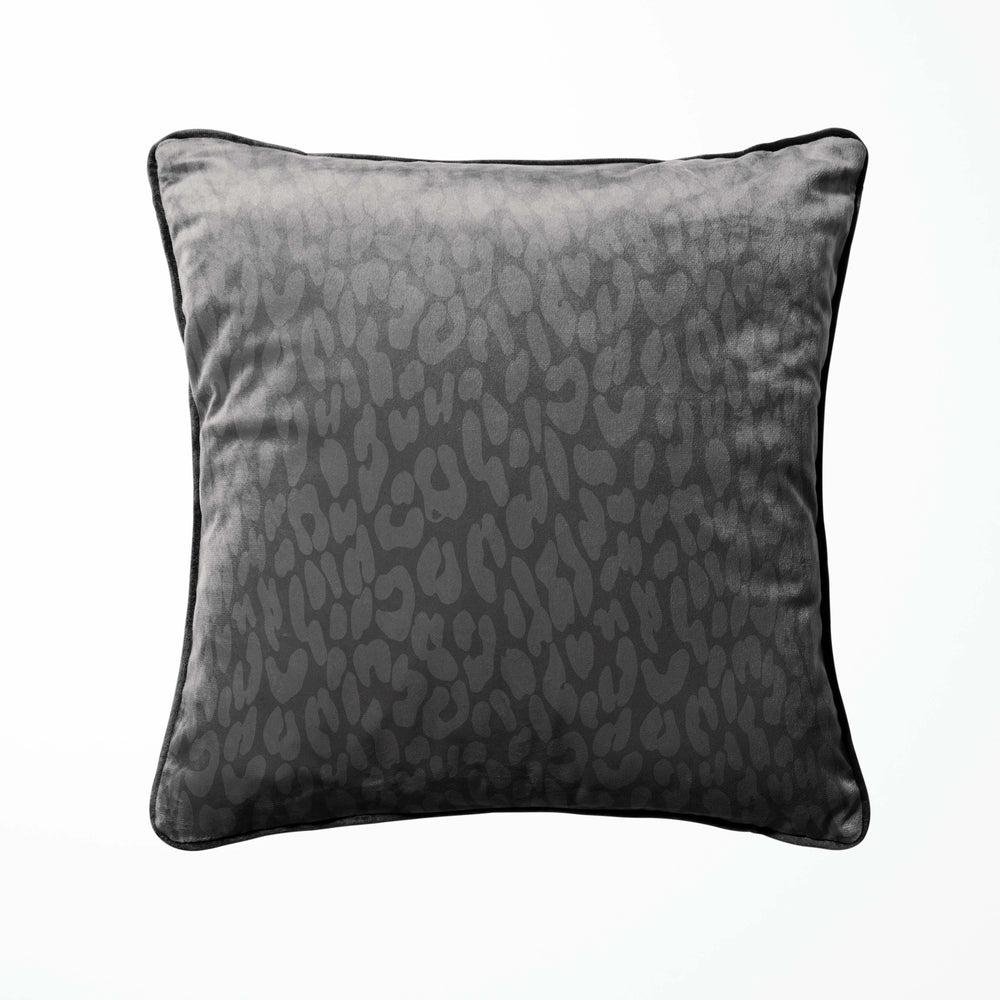 graphite grey velvet leopard print cushion with piping