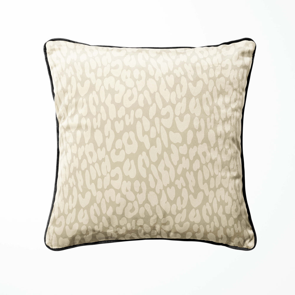 leopard print velvet cushion sandy beige with black piping