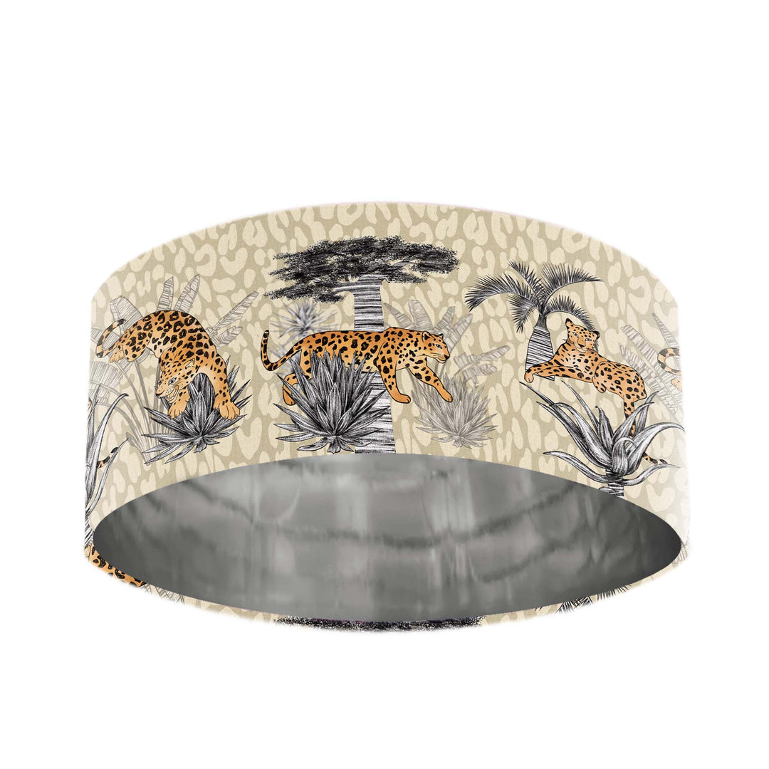 leopard print lamp shade with silver lining in velvet fabric