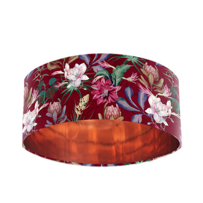 Luxury Blossoms Velvet Light Shade with Copper Lining in Burgundy Red, pictured on plain white background