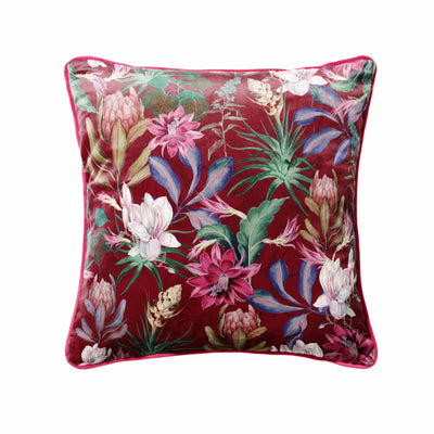 Luxury Blossoms Velvet Cushion in Burgundy Red with Hot Pink Piping, pictured on plain white background
