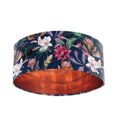 Navy Blue Velvet Lamp Shade with Luxury Blossoms & Copper Lining, pictured on plain white background