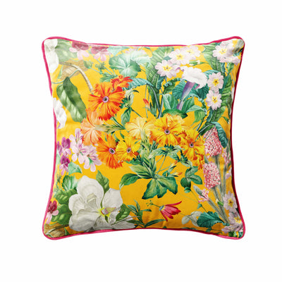 Meadow Velvet Cushion in Sunshine Yellow with hot pink piping