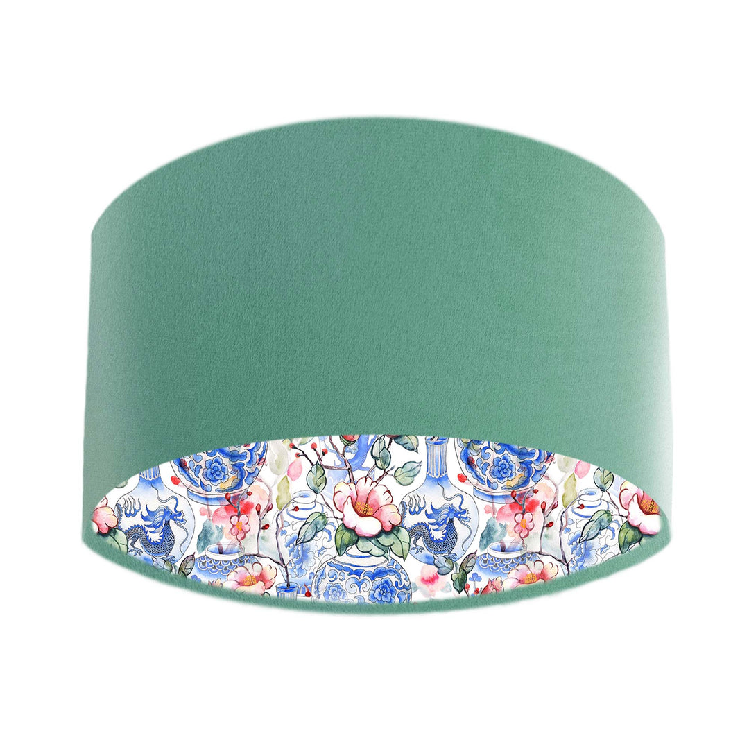 mint green velvet lamp shade with oriental vase lining