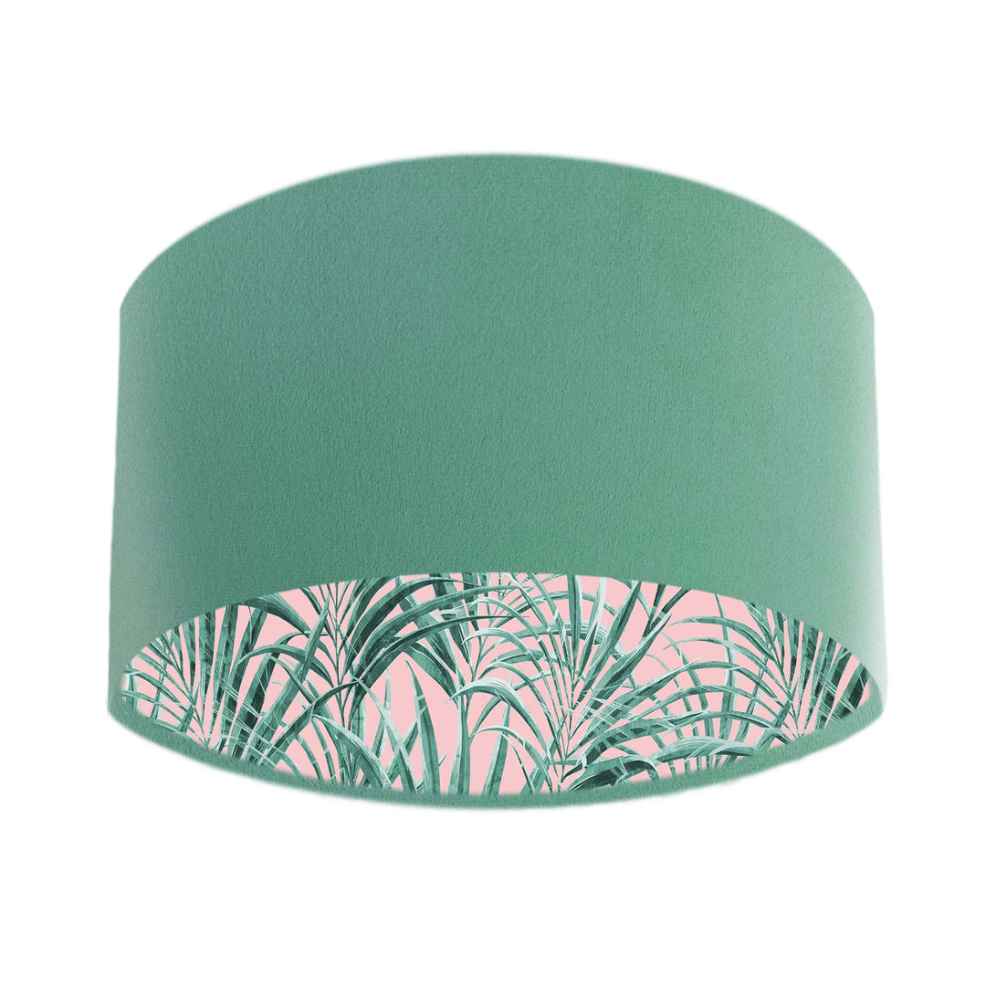 mint green velvet lampshade with tropical palms lining