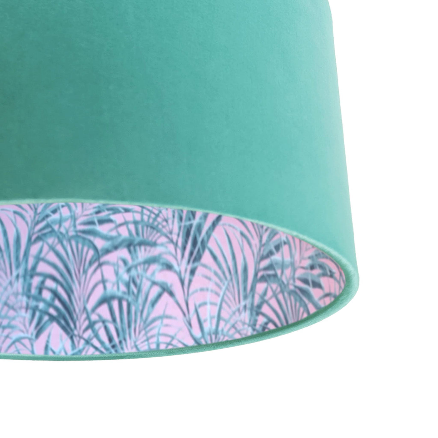 close up of the Mint Green Velvet Lampshade with Palms Delight Lining