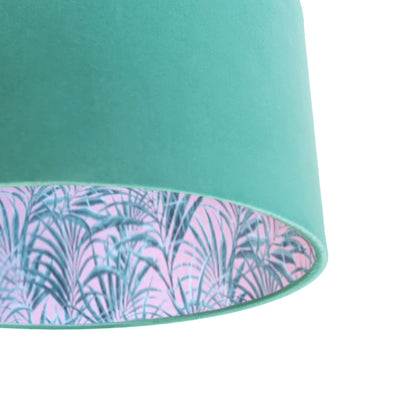 close up of the Mint Green Velvet Lampshade with Palms Delight Lining