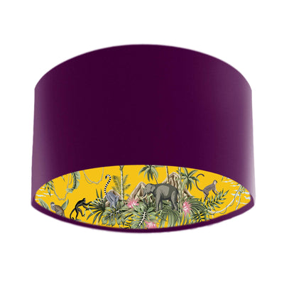 Mulberry purple velvet lamp shade with mustard yellow lemur island lining