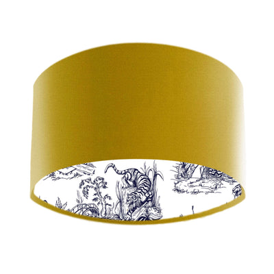 Mustard Yellow Velvet Lampshade with Blue Tiger Chinoiserie Lining