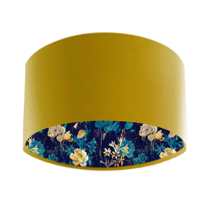 mustard yellow velvet lampshade with navy and gold florals