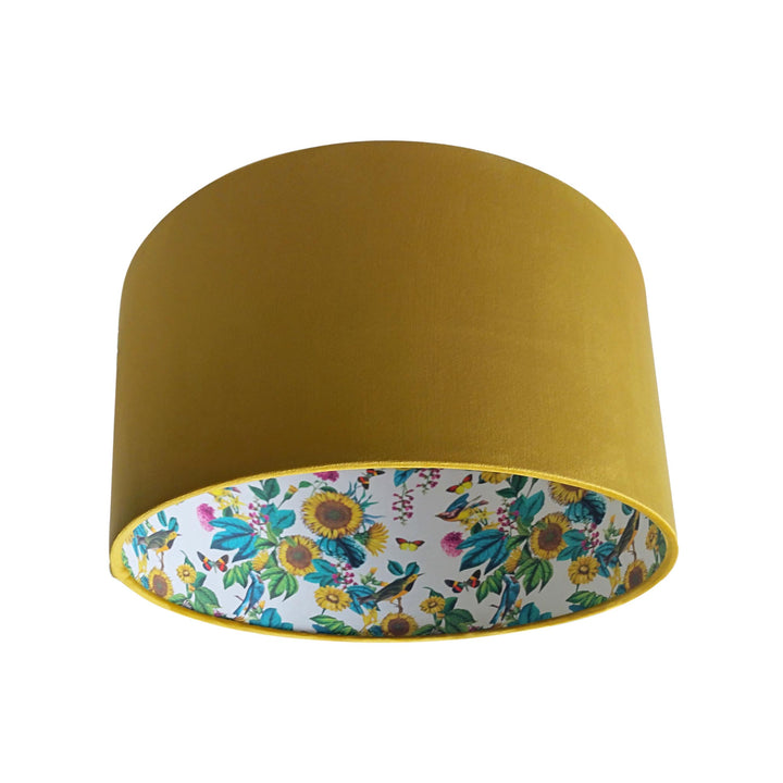 Mustard Yellow Velvet Lampshade with Birds and Sunflowers in Cream