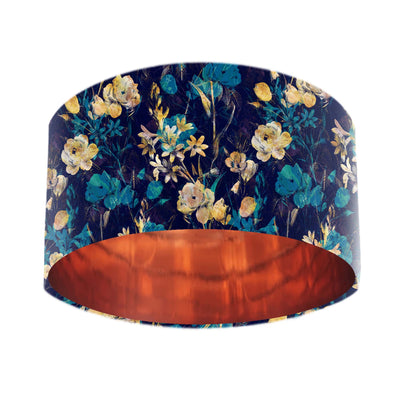 Navy Blue Gold Flower Lampshade with Mirror Copper Lining, pictured on white background