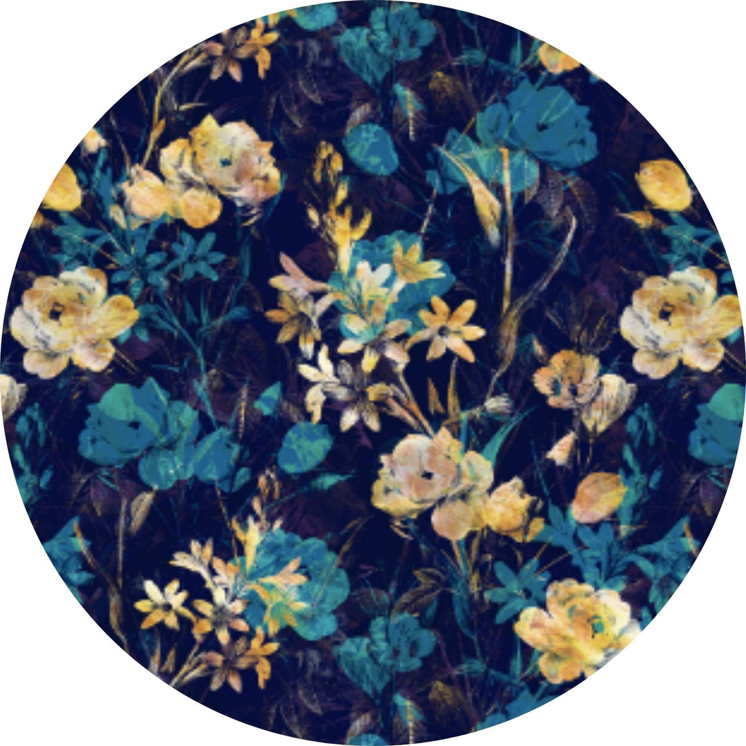 mustard yellow velvet lampshade with navy and gold florals