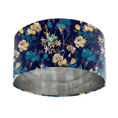 Navy Blue Gold Flower Lampshade with Mirror Silver Lining, pictured on white background