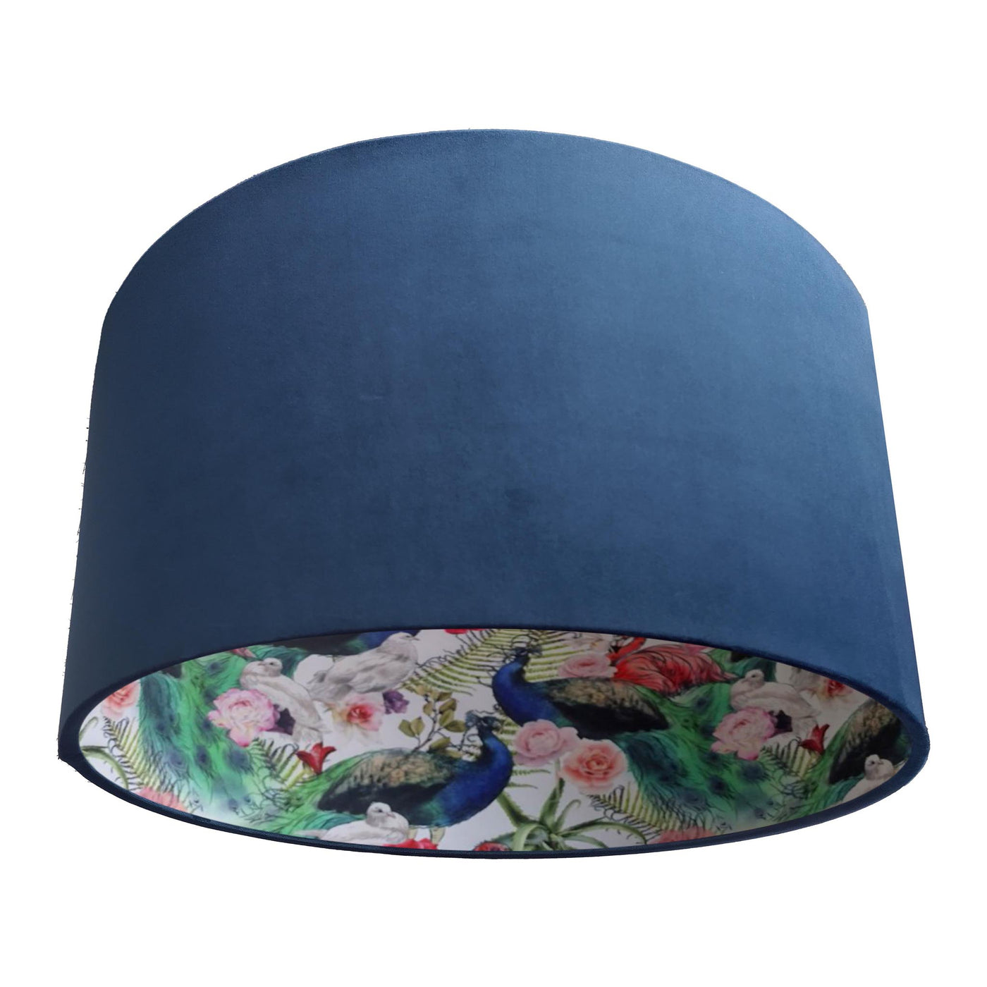 Peacock and Flamingo Feathers Lampshade in Navy Blue Velvet