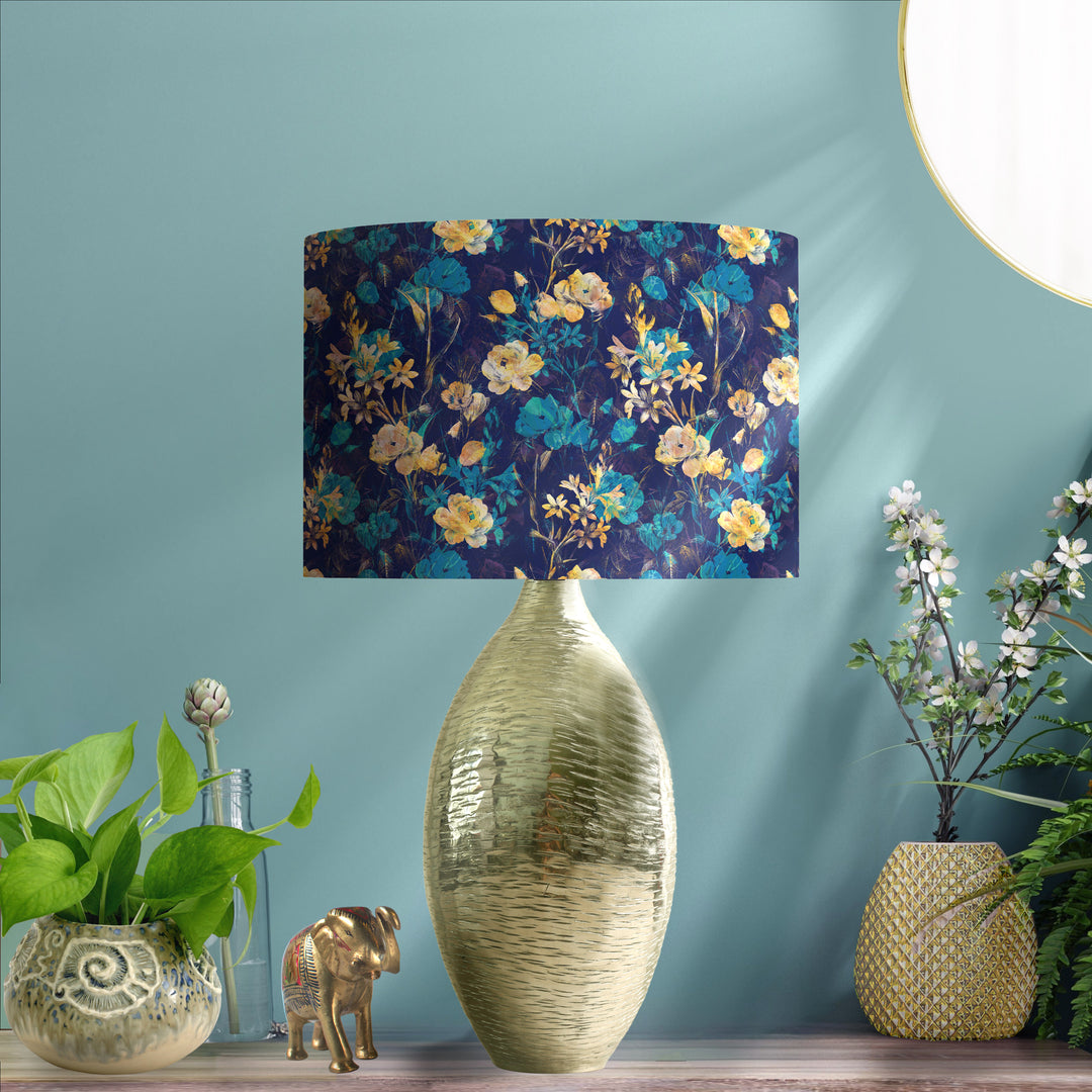 Navy Blue Gold Flower Lampshade with Mirror Gold Lining, on gold lamp base in green wall living room 