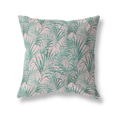 palms delight cushion with pink background and green palm leaves pattern