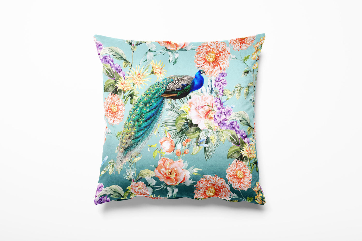 teal velvet peacock cushion with floral print 45cm square