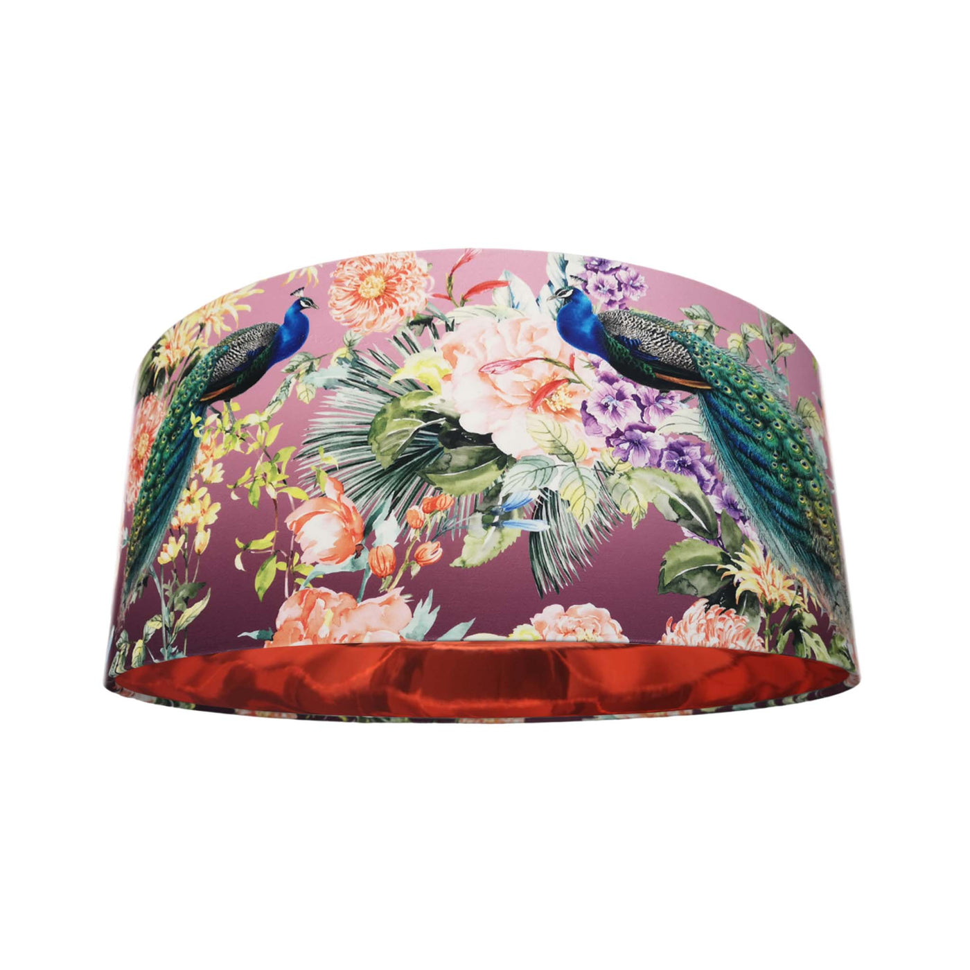 Peacock Paradise Velvet Lamp shade in Pink with Mirror Copper Lining