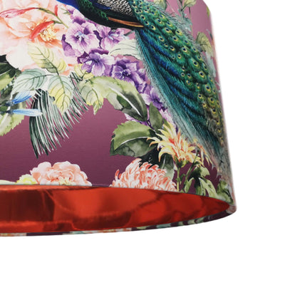 Peacock Paradise Velvet Lampshade in Pink with Mirror Copper Lining - close up