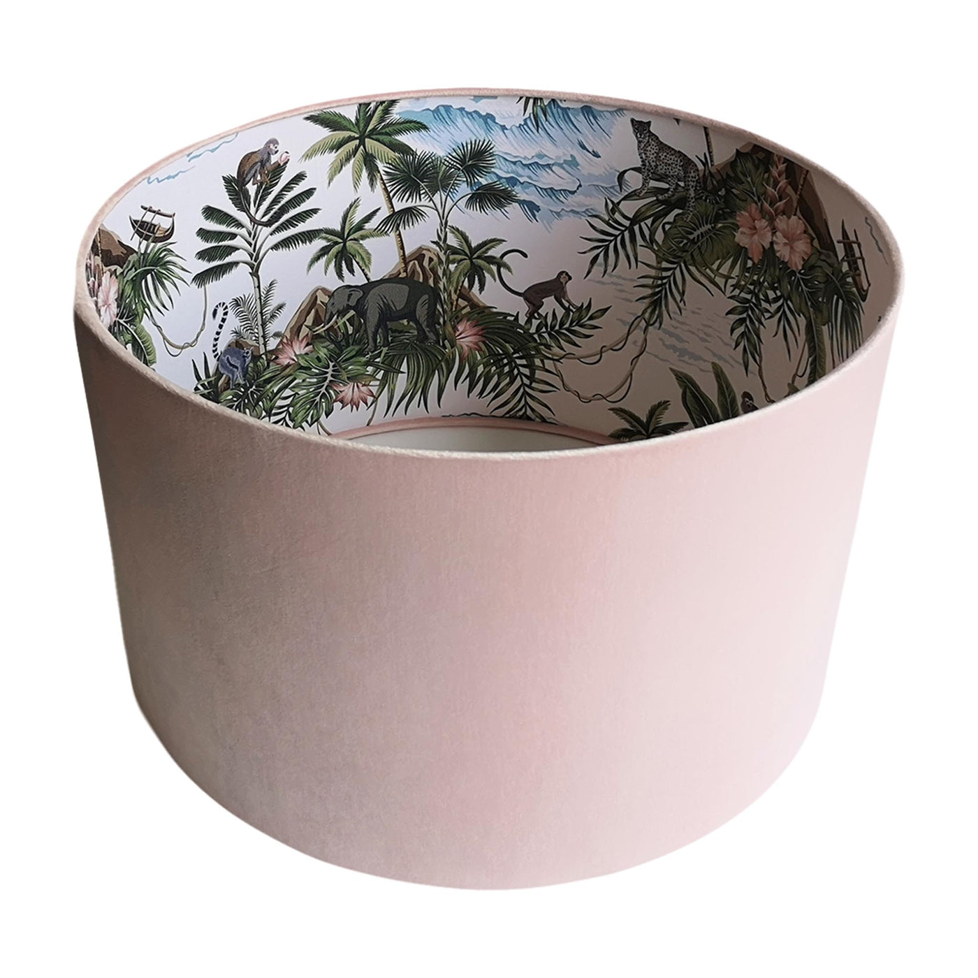 Lemur Tropical White Island Lampshade in Baby Pink Velvet