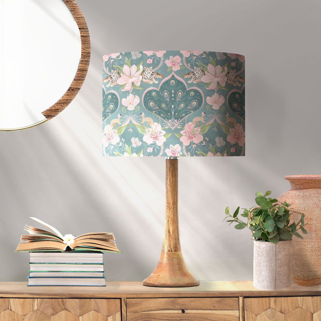 peacock cotton drum lampshade with silver metallic lining