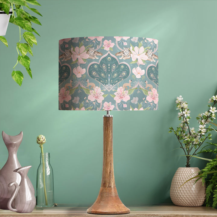 peacock cotton drum lampshade with silver metallic lining