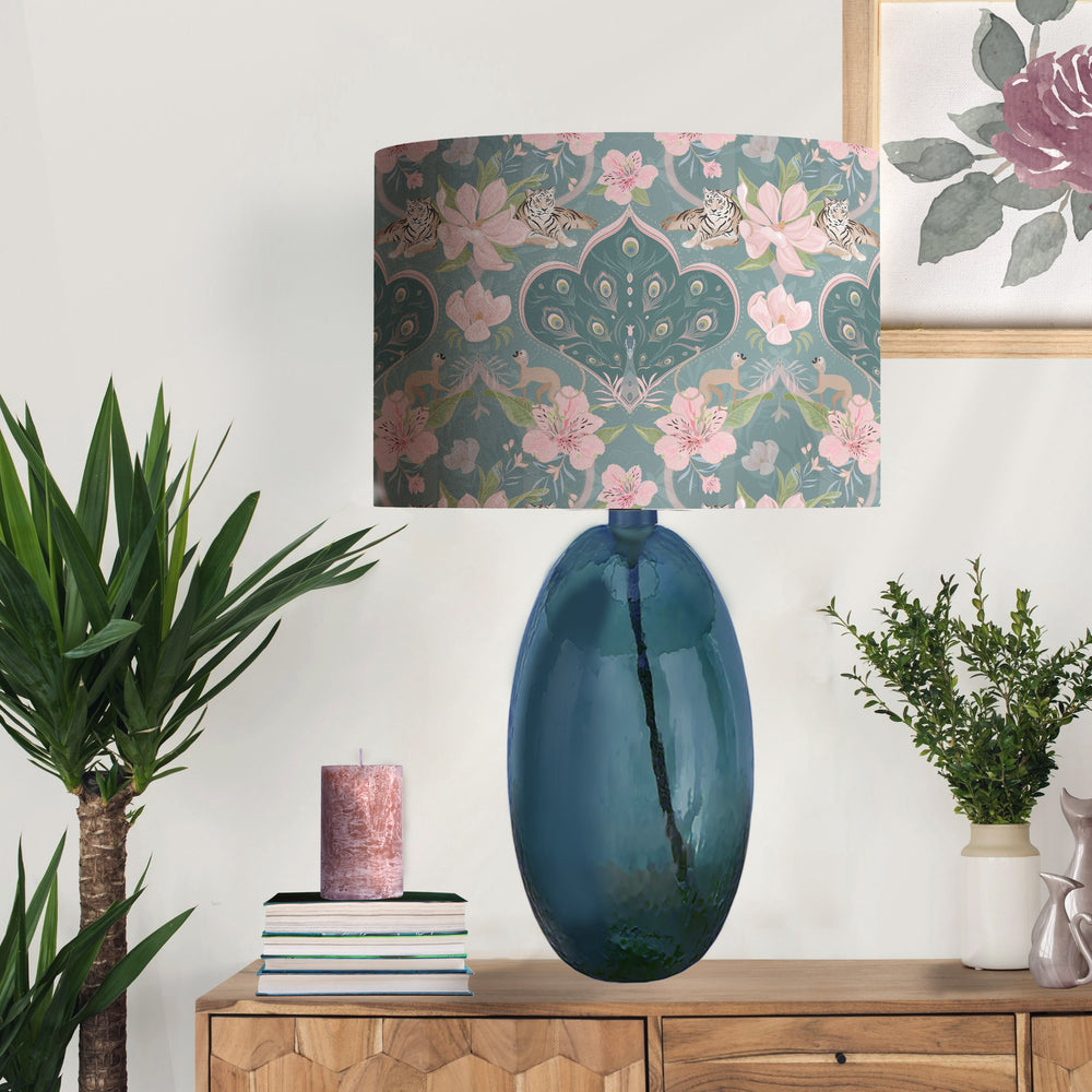 peacock cotton drum lampshade with silver metallic lining