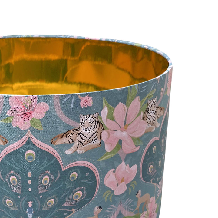 close up of the Royal Peacock Cotton Lampshade Lined with Mirror Gold