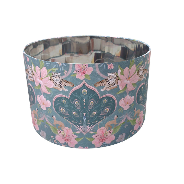 peacock cotton drum lampshade with silver metallic lining